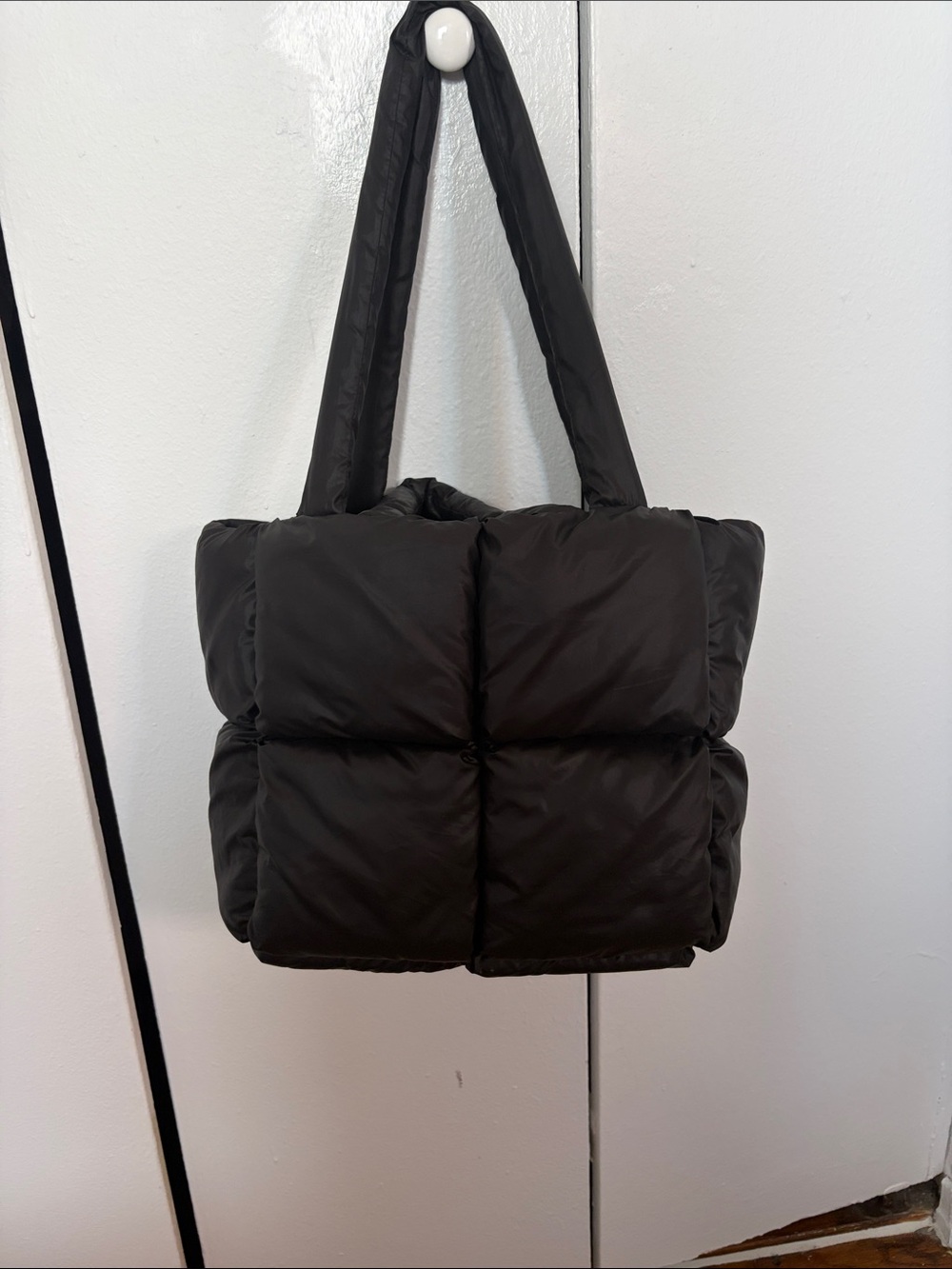 Quilted Black Puffer Tote Bag - Padded Shoulder Tote
